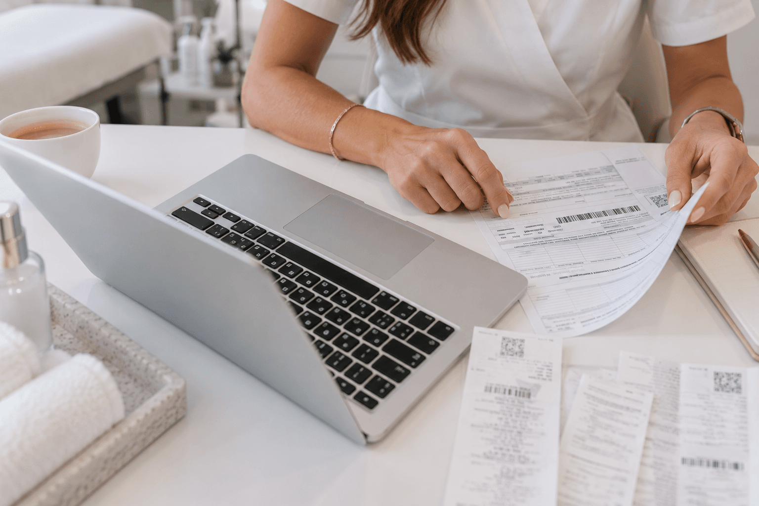 Invoices and a laptop on a clinic desk